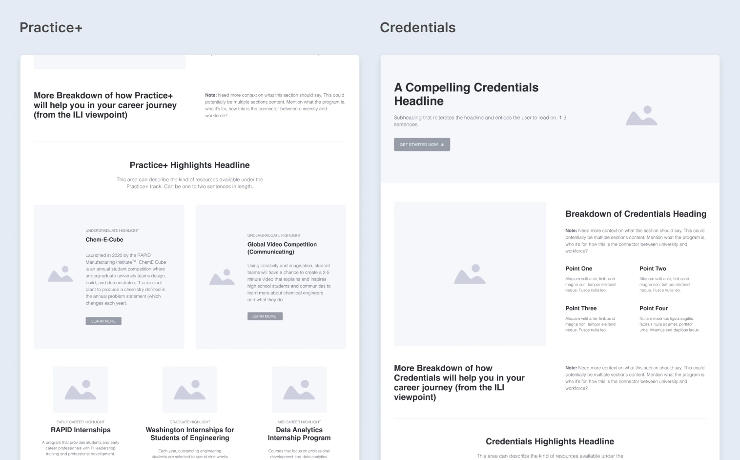 Practice+ and Credentials Wireframes