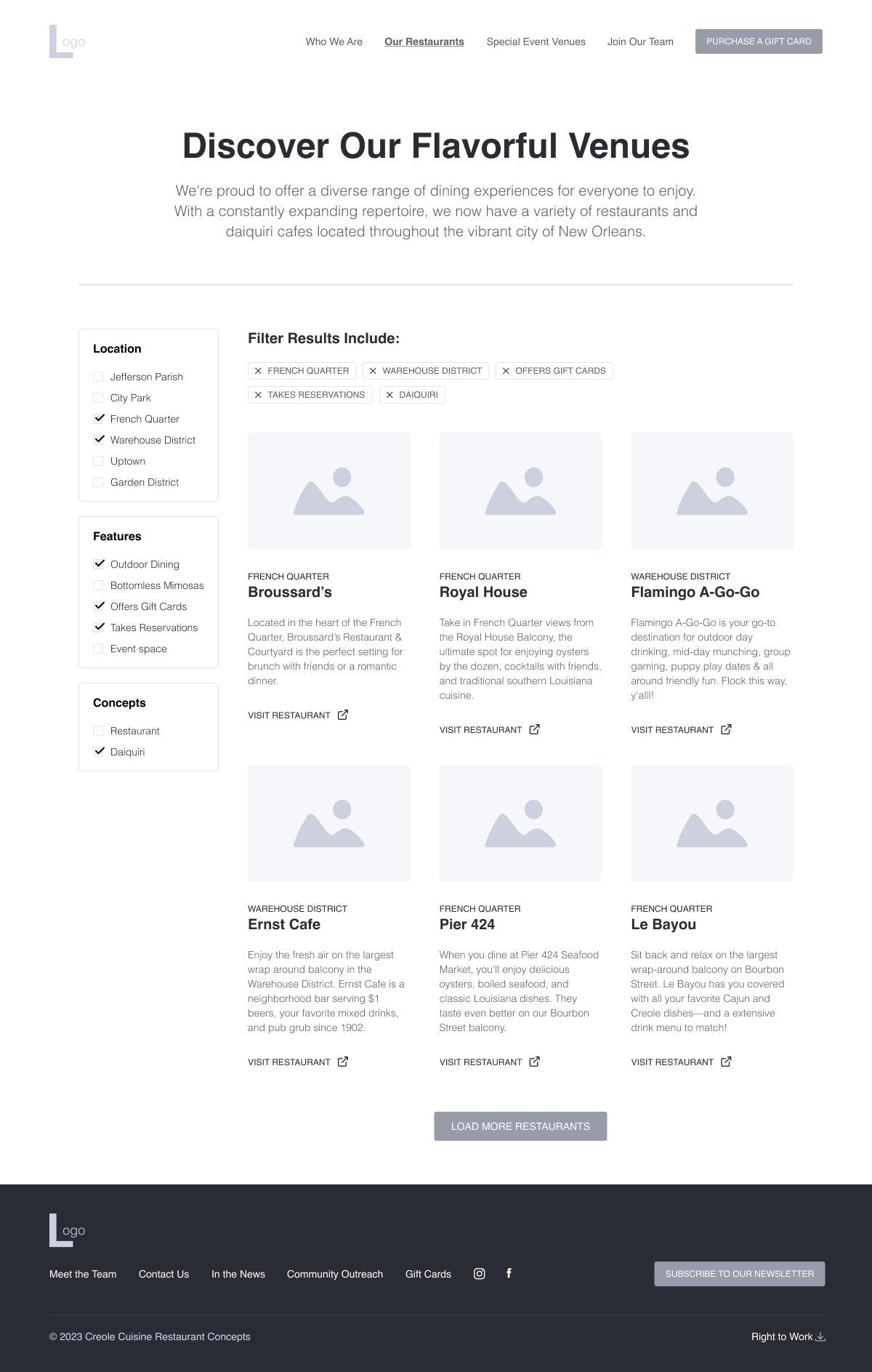 Our Restaurants - Filters applied Wireframe